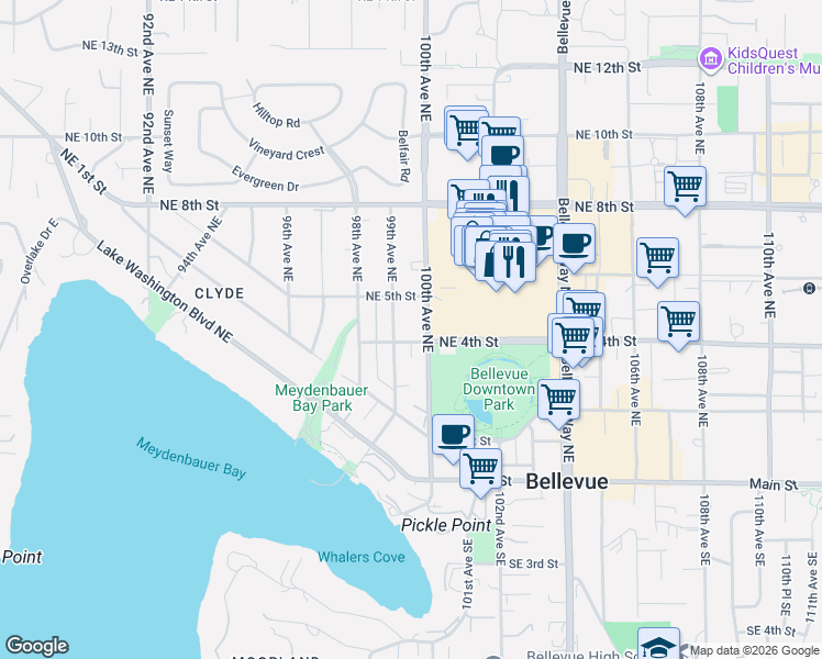 map of restaurants, bars, coffee shops, grocery stores, and more near 401 100th Avenue Northeast in Bellevue