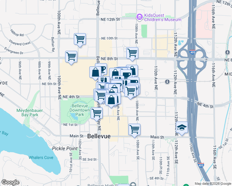 map of restaurants, bars, coffee shops, grocery stores, and more near 425 106th Avenue Northeast in Bellevue