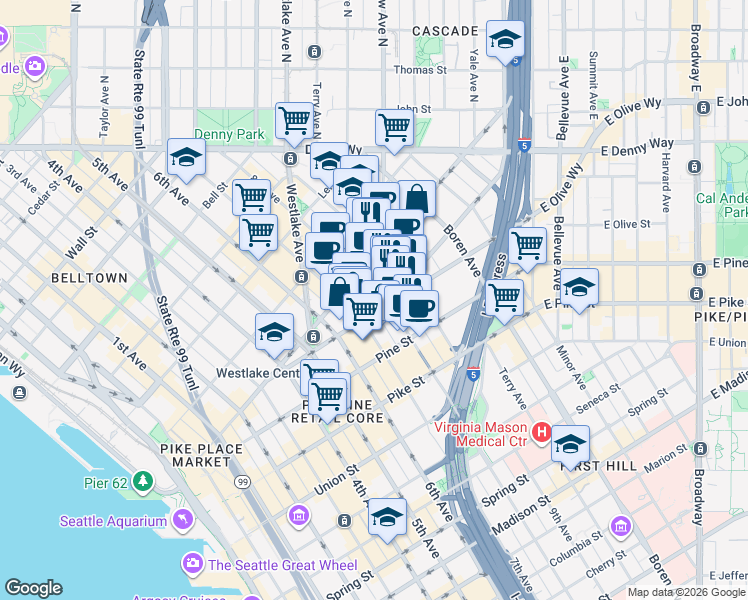 map of restaurants, bars, coffee shops, grocery stores, and more near 720 Olive Way in Seattle