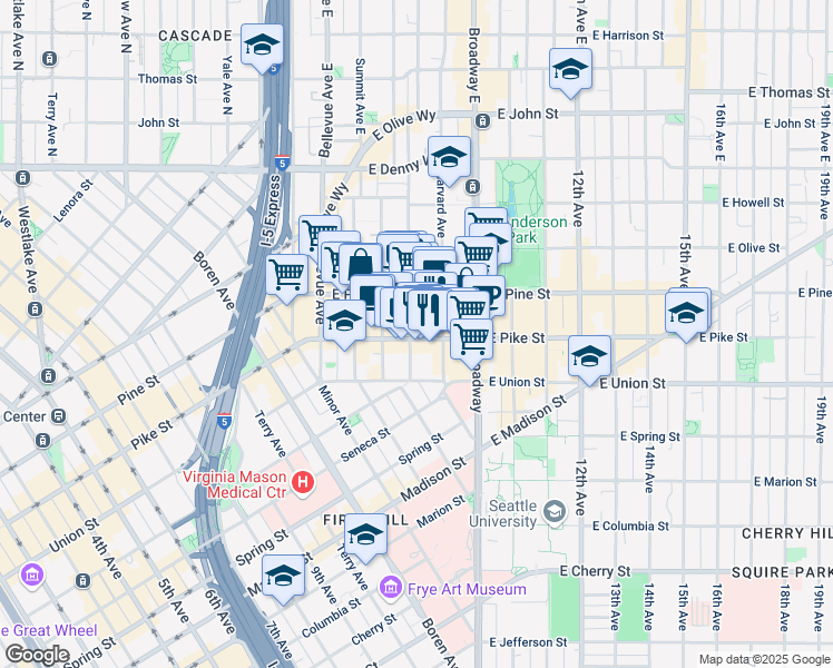 map of restaurants, bars, coffee shops, grocery stores, and more near 706 East Pike Street in Seattle