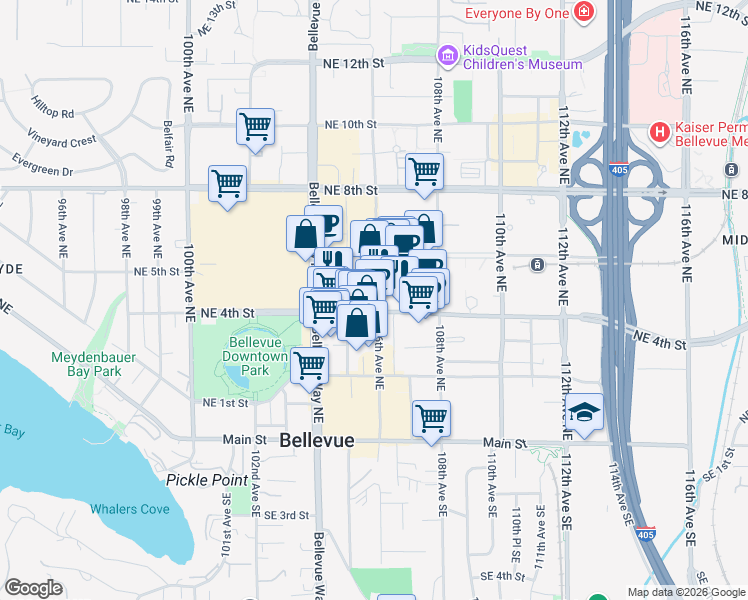 map of restaurants, bars, coffee shops, grocery stores, and more near in Bellevue