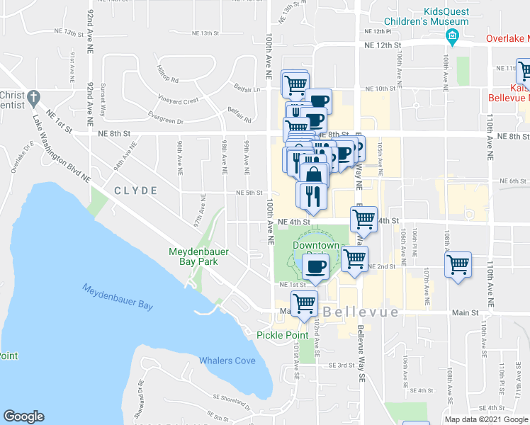 map of restaurants, bars, coffee shops, grocery stores, and more near 401 100th Avenue Northeast in Bellevue
