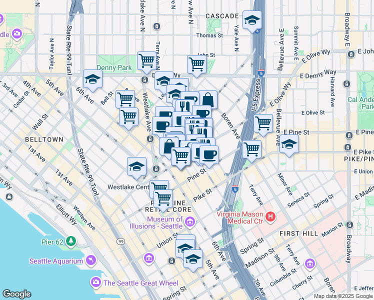 map of restaurants, bars, coffee shops, grocery stores, and more near 823 Howell Street in Seattle
