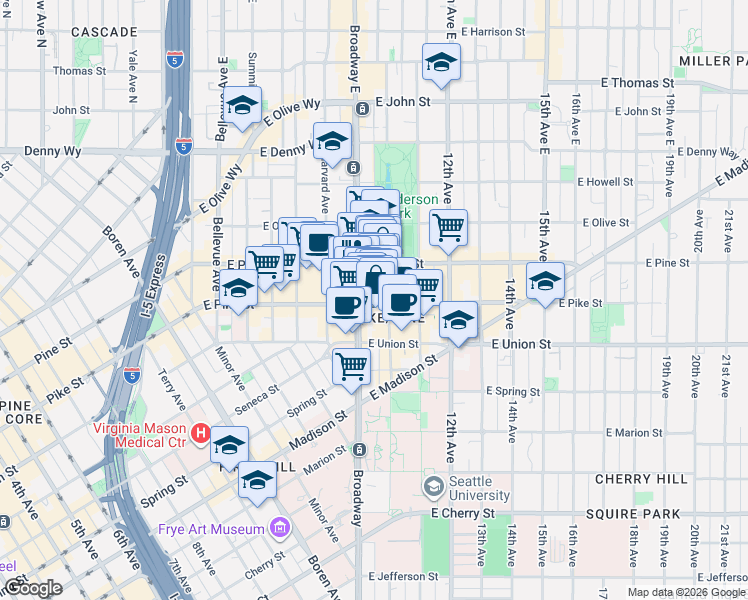 map of restaurants, bars, coffee shops, grocery stores, and more near 912 East Pike Street in Seattle