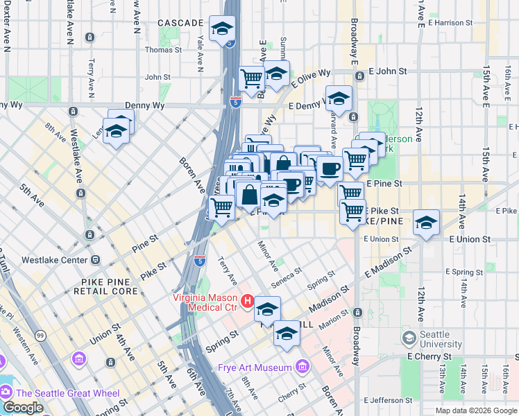 map of restaurants, bars, coffee shops, grocery stores, and more near 1514 Bellevue Avenue in Seattle