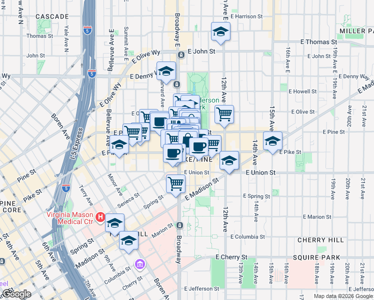 map of restaurants, bars, coffee shops, grocery stores, and more near in Seattle