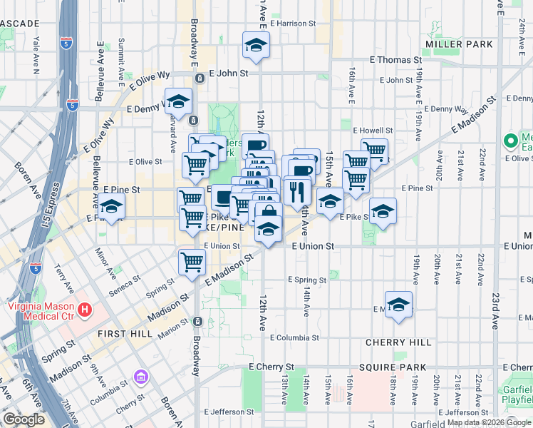 map of restaurants, bars, coffee shops, grocery stores, and more near 1200 East Pike Street in Seattle