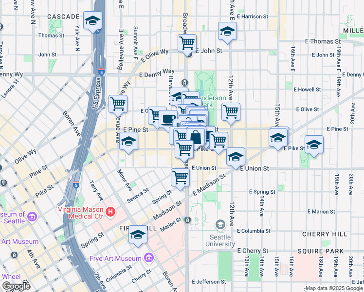 map of restaurants, bars, coffee shops, grocery stores, and more near 1514 Broadway in Seattle