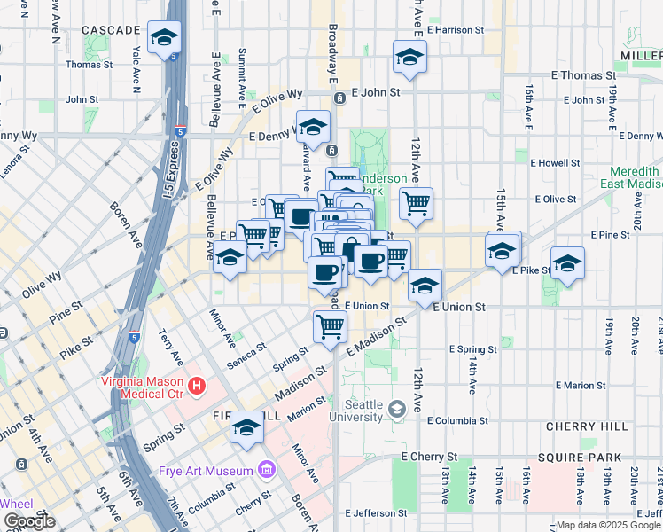 map of restaurants, bars, coffee shops, grocery stores, and more near 1514 Broadway in Seattle
