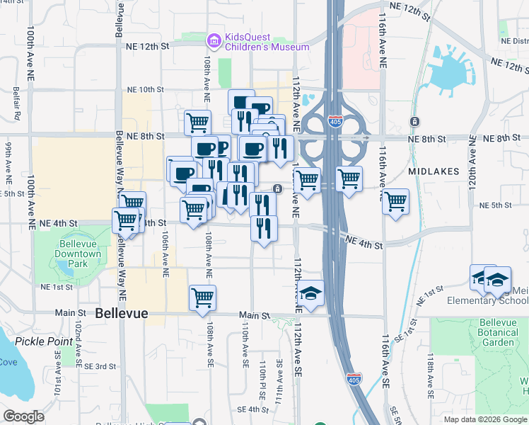 map of restaurants, bars, coffee shops, grocery stores, and more near 450 110th Avenue Northeast in Bellevue