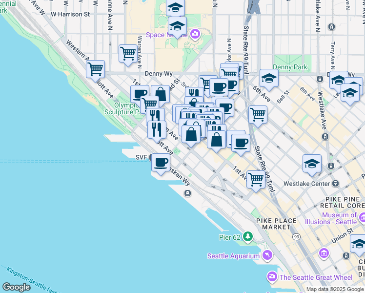 map of restaurants, bars, coffee shops, grocery stores, and more near 75 Vine Street in Seattle