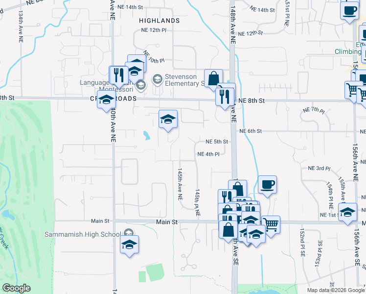 map of restaurants, bars, coffee shops, grocery stores, and more near 422 145th Avenue Northeast in Bellevue
