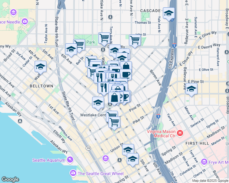 map of restaurants, bars, coffee shops, grocery stores, and more near 620 Stewart Street in Seattle