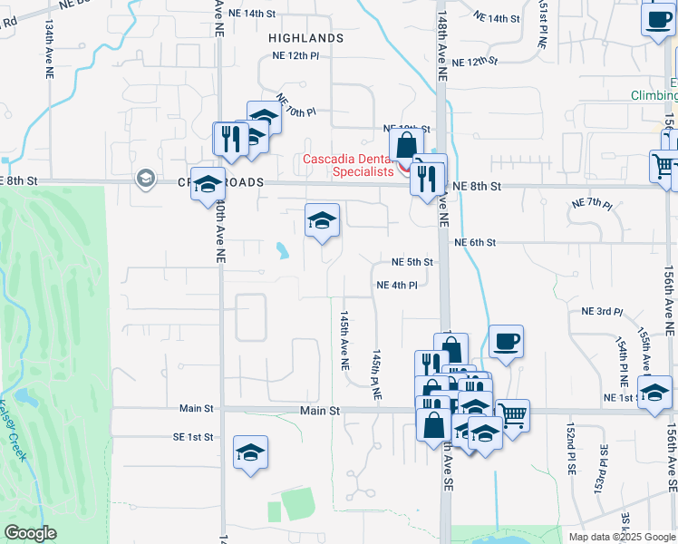map of restaurants, bars, coffee shops, grocery stores, and more near 423 145th Avenue Northeast in Bellevue