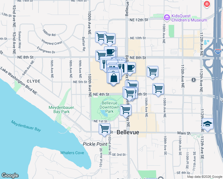 map of restaurants, bars, coffee shops, grocery stores, and more near 300 Bellevue Square in Bellevue