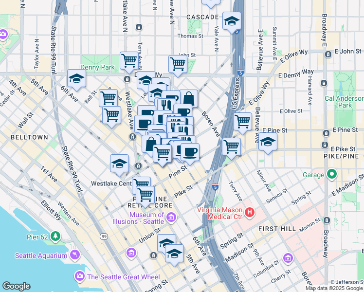 map of restaurants, bars, coffee shops, grocery stores, and more near 809 Olive Way in Seattle