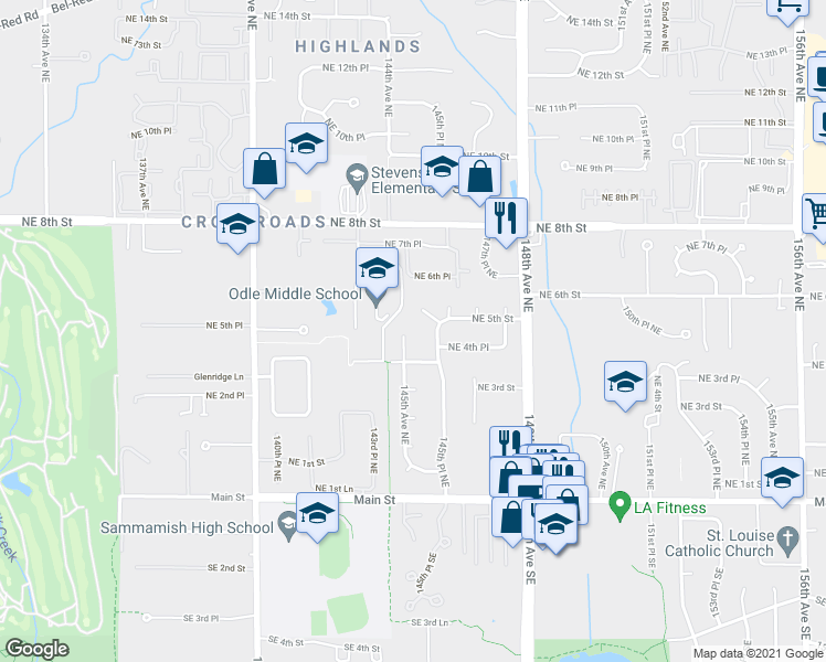 map of restaurants, bars, coffee shops, grocery stores, and more near 423 145th Avenue Northeast in Bellevue