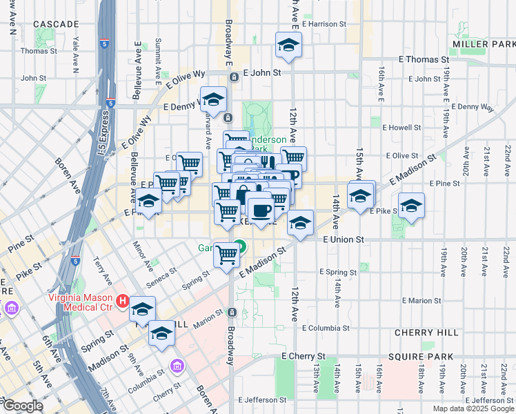 map of restaurants, bars, coffee shops, grocery stores, and more near 1427 10th Avenue in Seattle