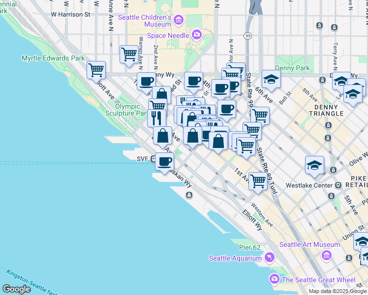 map of restaurants, bars, coffee shops, grocery stores, and more near 81 Vine Street in Seattle