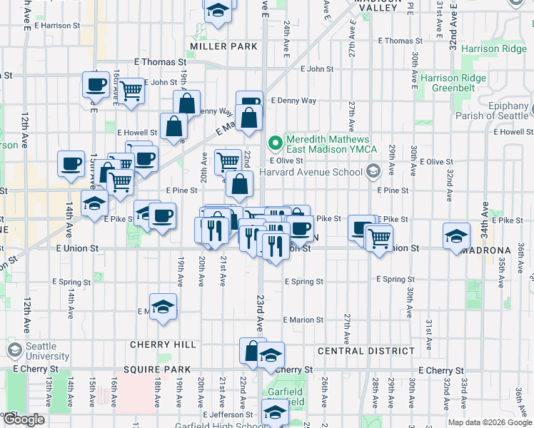 map of restaurants, bars, coffee shops, grocery stores, and more near 1508 23rd Avenue in Seattle