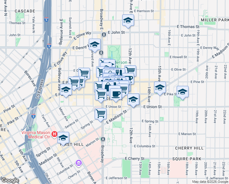 map of restaurants, bars, coffee shops, grocery stores, and more near in Seattle