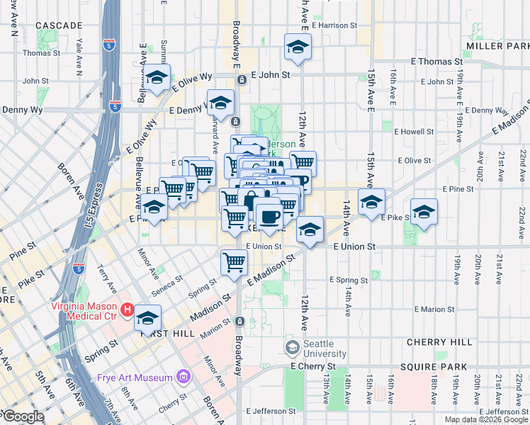 map of restaurants, bars, coffee shops, grocery stores, and more near 1000 East Pike Street in Seattle