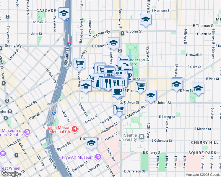 map of restaurants, bars, coffee shops, grocery stores, and more near 722 East Pike Street in Seattle