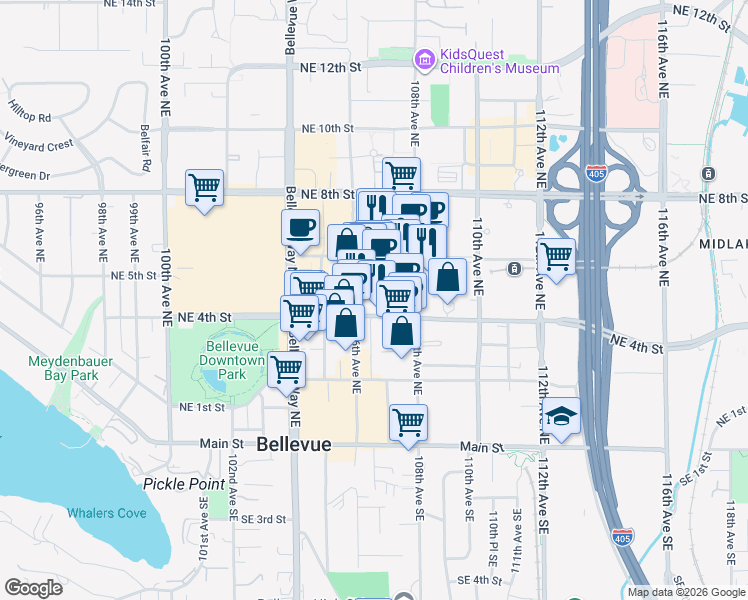map of restaurants, bars, coffee shops, grocery stores, and more near 500 106th Avenue Northeast in Bellevue