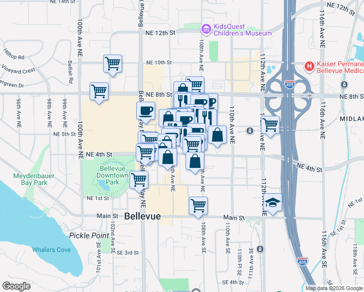 map of restaurants, bars, coffee shops, grocery stores, and more near 10700 Northeast 4th Street in Bellevue