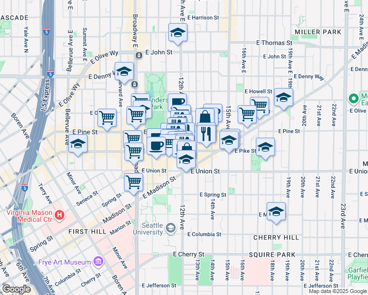 map of restaurants, bars, coffee shops, grocery stores, and more near 1200 East Pike Street in Seattle