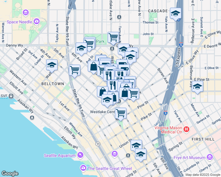 map of restaurants, bars, coffee shops, grocery stores, and more near 2001 6th Avenue in Seattle
