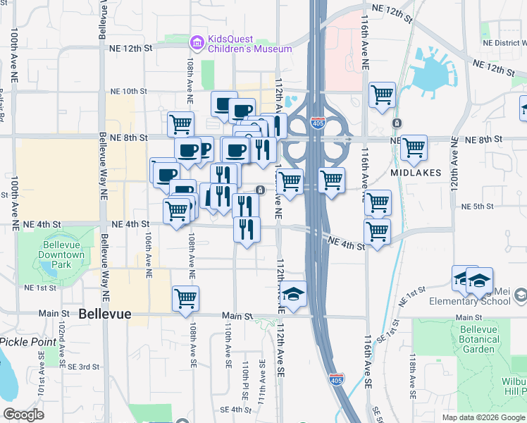 map of restaurants, bars, coffee shops, grocery stores, and more near 450 110th Avenue Northeast in Bellevue