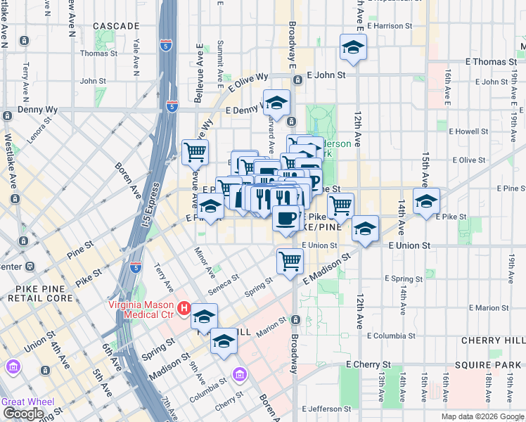 map of restaurants, bars, coffee shops, grocery stores, and more near 714 East Pike Street in Seattle