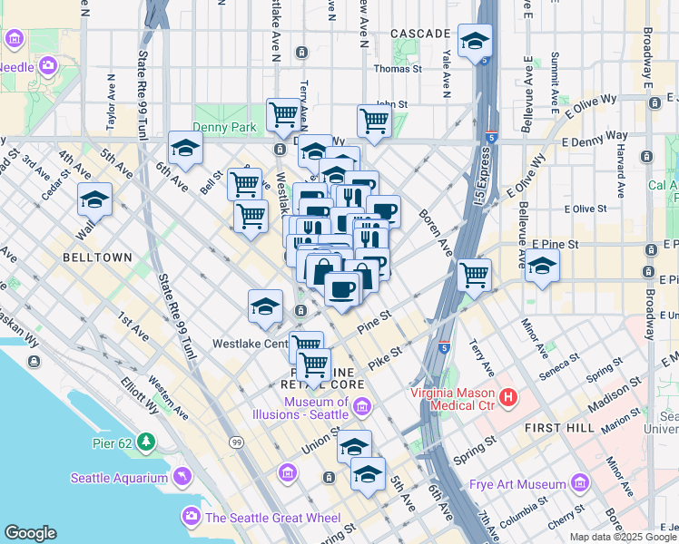 map of restaurants, bars, coffee shops, grocery stores, and more near 769 Stewart Street in Seattle