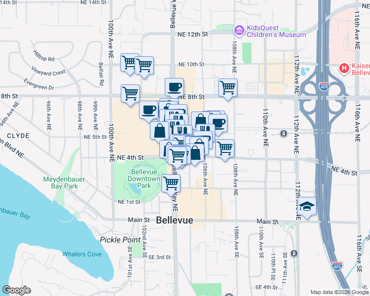 map of restaurants, bars, coffee shops, grocery stores, and more near 410 Bellevue Way Northeast in Bellevue