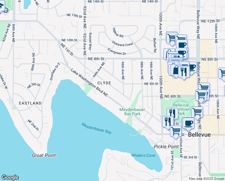 map of restaurants, bars, coffee shops, grocery stores, and more near 9533 Northeast 1st Street in Bellevue