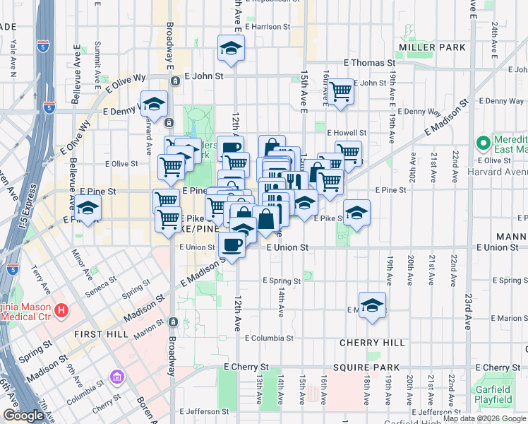 map of restaurants, bars, coffee shops, grocery stores, and more near in Seattle