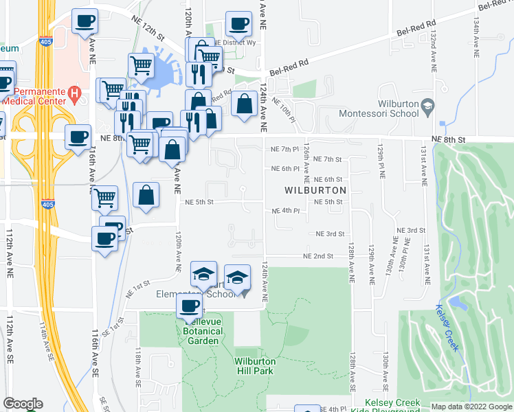 map of restaurants, bars, coffee shops, grocery stores, and more near 488 123rd Place Northeast in Bellevue