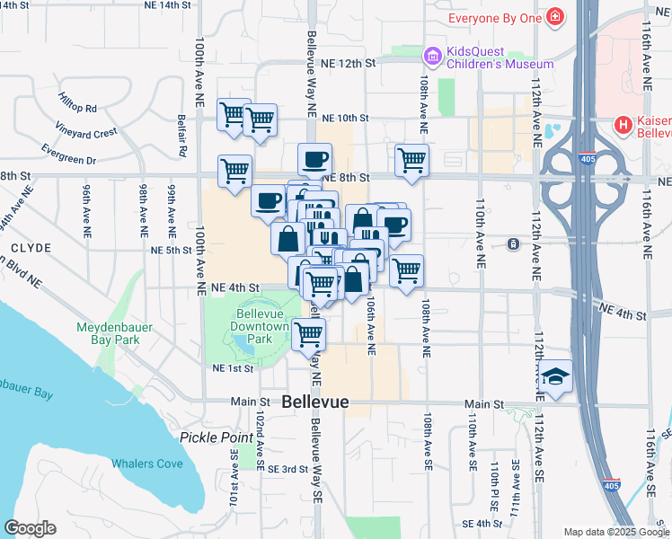 map of restaurants, bars, coffee shops, grocery stores, and more near 410 Bellevue Way Northeast in Bellevue