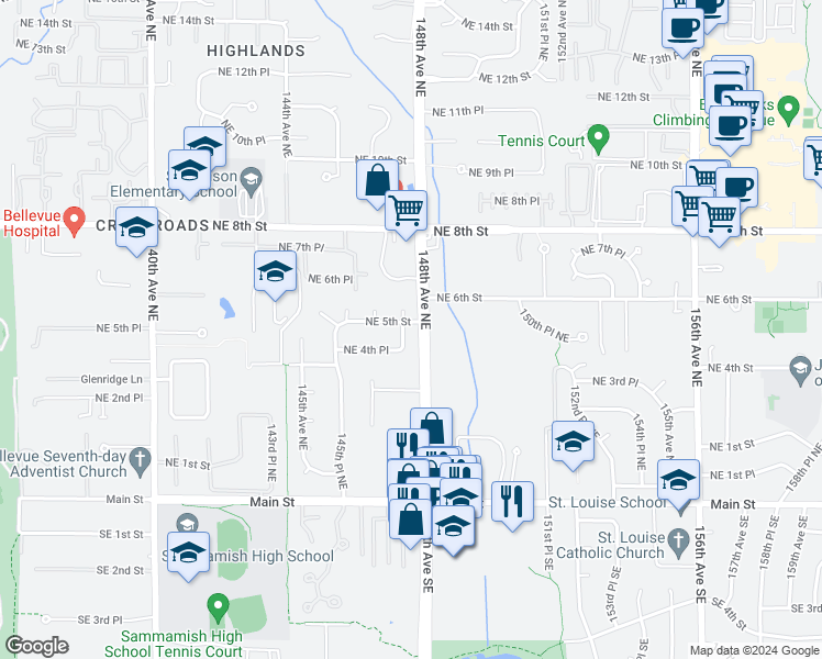 map of restaurants, bars, coffee shops, grocery stores, and more near 470 147th Place Northeast in Bellevue