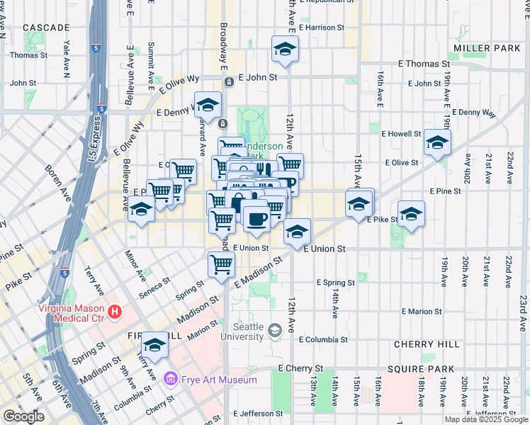 map of restaurants, bars, coffee shops, grocery stores, and more near 1427 10th Avenue in Seattle