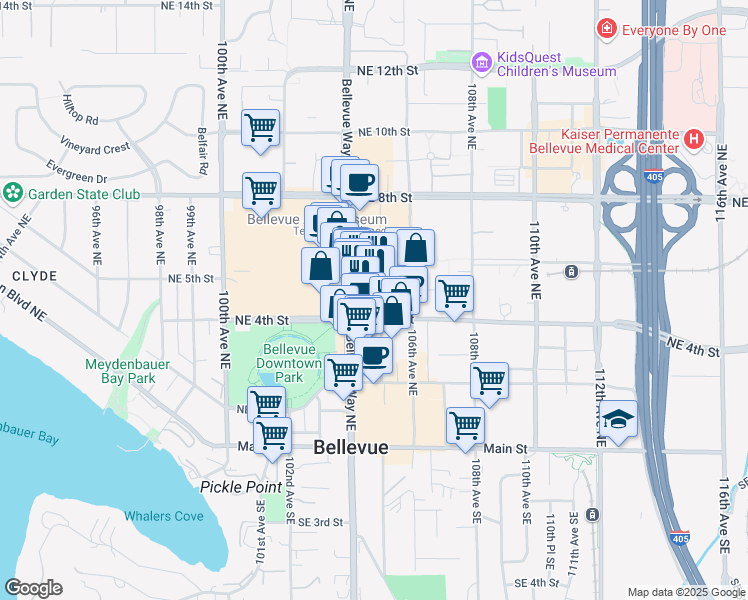 map of restaurants, bars, coffee shops, grocery stores, and more near 410 Bellevue Way Northeast in Bellevue