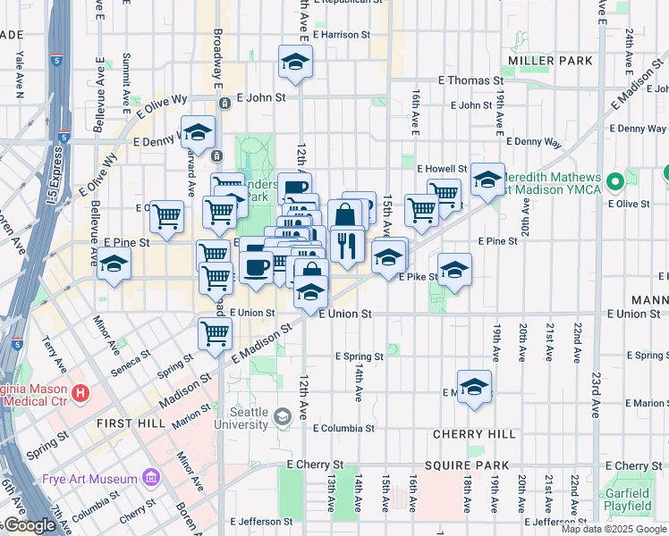 map of restaurants, bars, coffee shops, grocery stores, and more near 1214 East Pike Street in Seattle