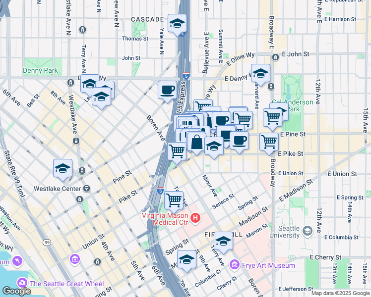 map of restaurants, bars, coffee shops, grocery stores, and more near 1515 Melrose Avenue in Seattle