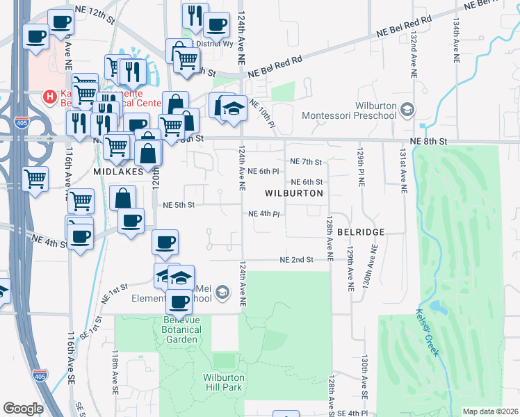 map of restaurants, bars, coffee shops, grocery stores, and more near 12412 Northeast 4th Place in Bellevue