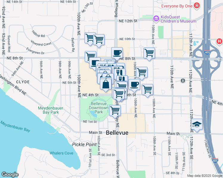 map of restaurants, bars, coffee shops, grocery stores, and more near 421 Bellevue Square in Bellevue