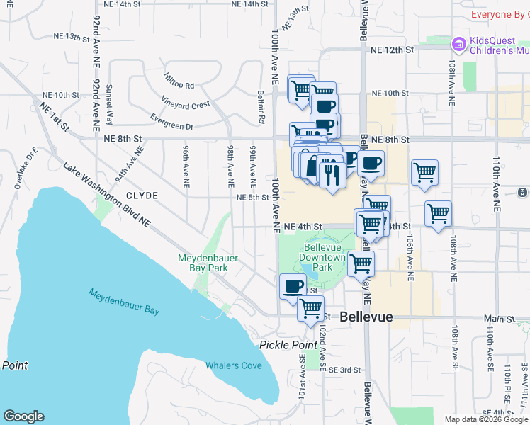 map of restaurants, bars, coffee shops, grocery stores, and more near 401 100th Avenue Northeast in Bellevue