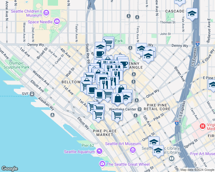 map of restaurants, bars, coffee shops, grocery stores, and more near 2115 5th Avenue in Seattle