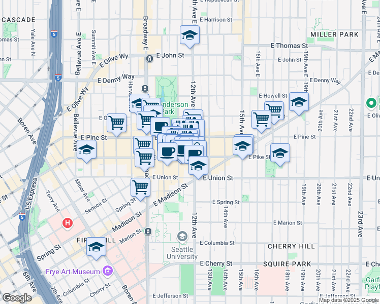 map of restaurants, bars, coffee shops, grocery stores, and more near 1515 12th Avenue in Seattle
