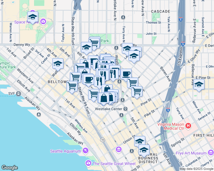 map of restaurants, bars, coffee shops, grocery stores, and more near 2020 5th Avenue in Seattle